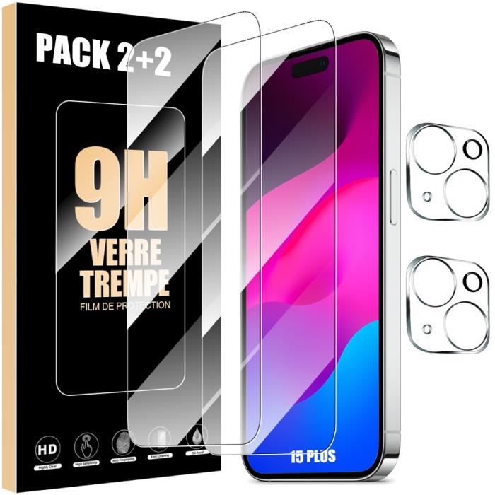Verres trempés - booling - iphone 15 plus - 2 verres ecran - 2 protections caméra - résistant aux rayures