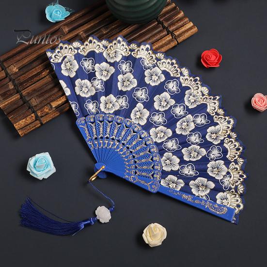 Elegant Handheld Fan Retro Lace Folding Portable Lightweight Chinese Dance Cherry Blossom Silk Cloth Pattern Women's with Tassel for Performance