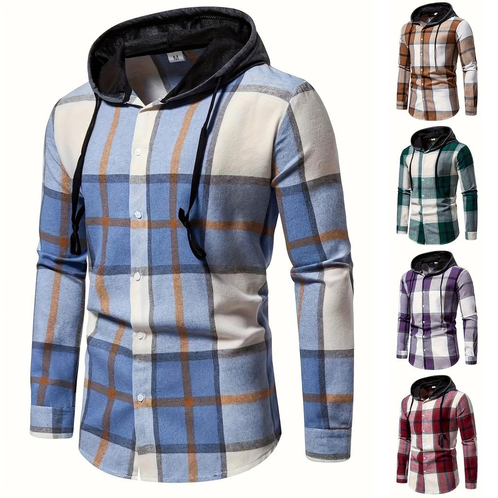 Men's Striped Plaid Casual Loose Button Lapel Long Sleeve Hooded Cardigan Shirt Jacket