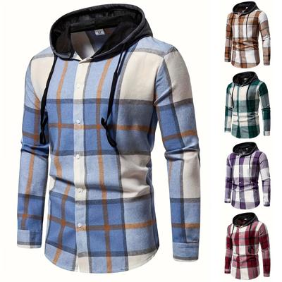 Herren Gestreift Kariert Lässig Locker Knopf Revers Langarm Kapuzen Strickjacke Hemd Jacke