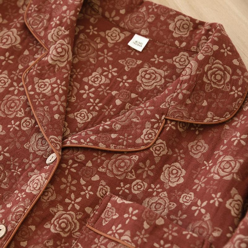 Yarn-dyed Floral Cotton Lapel Cardigan Long Sleeve Retro Home Clothes Set