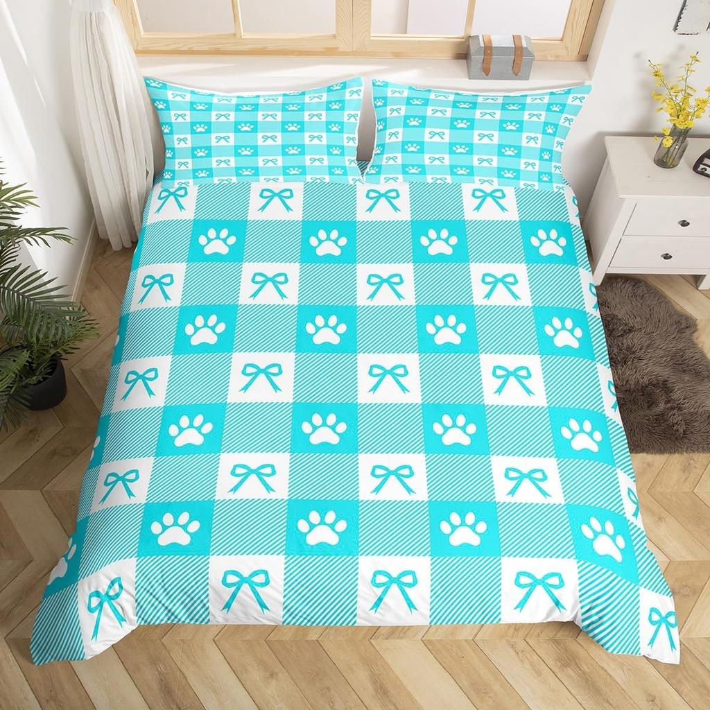 Comforter Geometric Plaid Cute Bow Queen King Size For Adults And Teens Cartoon Animal Footprint Bow Bedding Set 3 Piece Set