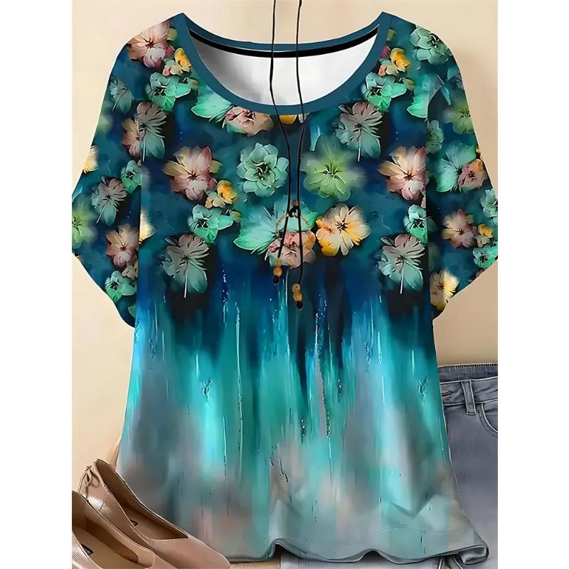 Fashion Women's Crew Neck Short Sleeve 3D Flower Color Printing Flower Short Sleeve Crew Neck T-Shirt