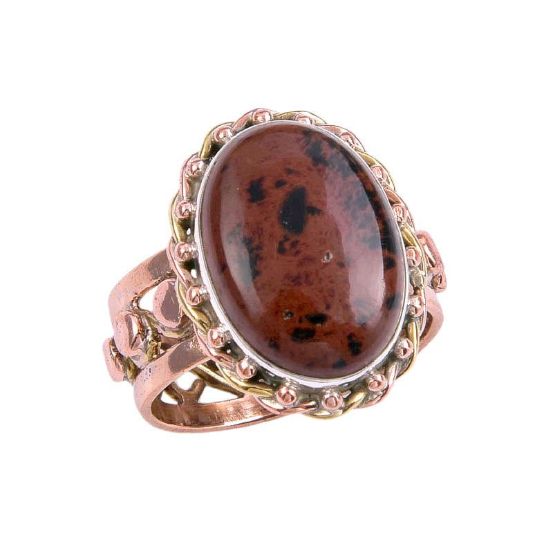 Natürlicher Mahagoni Roter Obsidian Edelstein 925 Massiv Silber Zweifarbig Ring Gr.7.5 g2k86