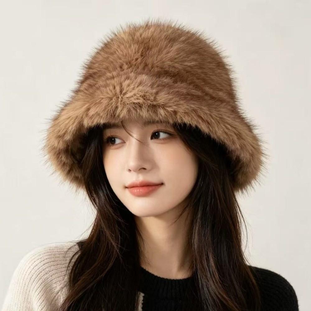 Windproof Faux Fur Bucket Hat Soft Winter Warm Cap Unisex Plush Fisherman Hat Skiing