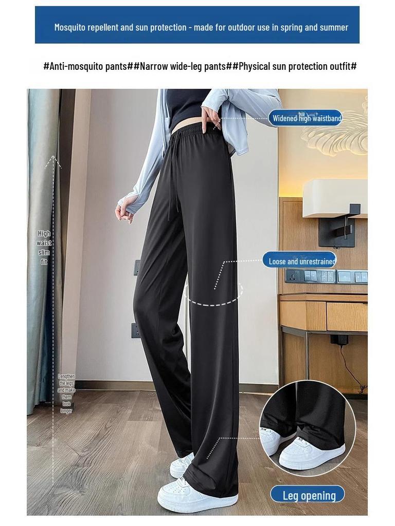 Damskie spodnie slim chroniące przed słońcem z jedwabiu lodowego: Oddychające, Szybkoschnące, Przeciw komarom, Spodnie z szerokimi nogawkami na lato.