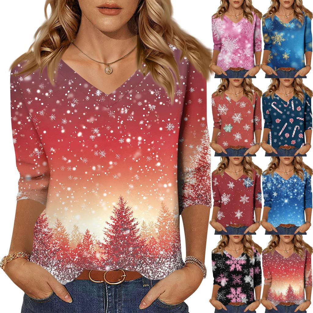 Women's T Shirt CHristmas Print 3/4 Sleeve Daily Weekend Fashion Basic V- Neck Regular Top
