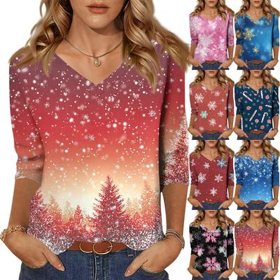 Camiseta de Mujer Estampado Navideño Manga 3/4 Diario Fin de Semana Moda Básica Cuello V Regular Top
