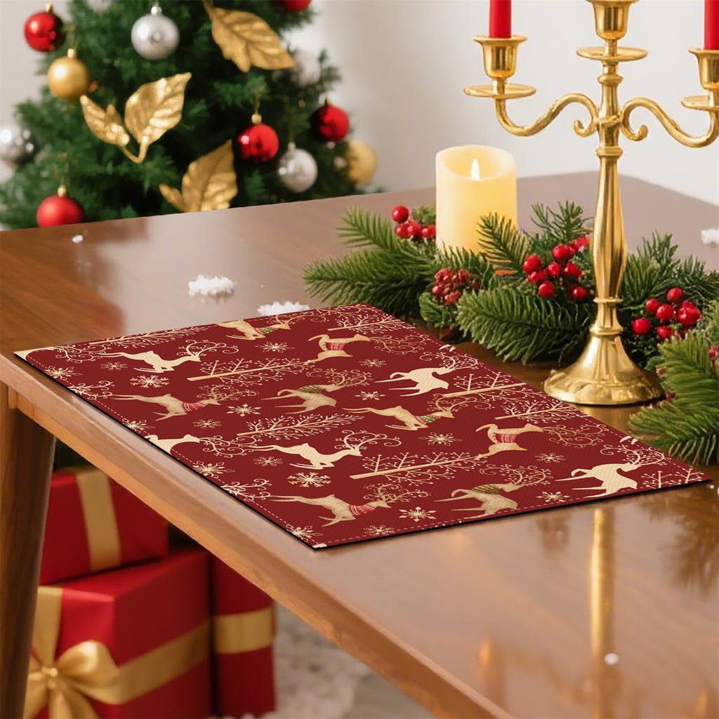 4/ 6pcs Beige Deer Christmas Tree Snowflake Red Background Christmas Placemats, 12x18 Inch Washable Table Mats for Kitchen Dining Home Party Decor