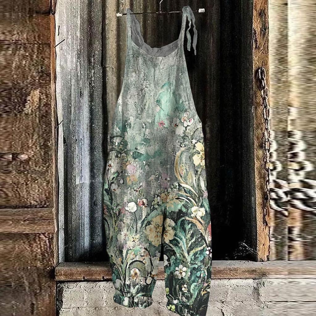 Women's Jumpsuit Floral Print Casual Loose Vintage Shoulder Strap Cotton Linen