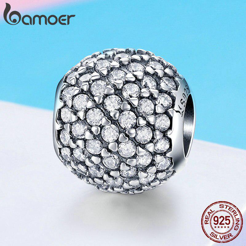 

Серебряные ослепительные круглые бусины BAMOER с кристаллами CZ подходят для женских браслетов и браслетов SCC733