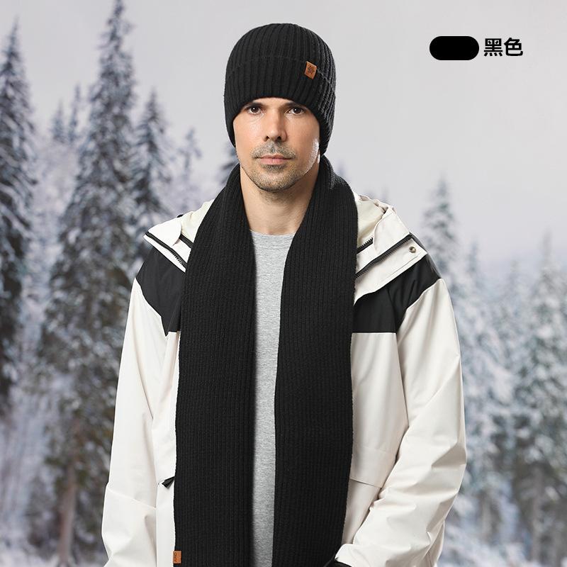 Knitted hat, men's winter velvet thickened cold-proof outdoor cycling wool knitting, hat scarf three-piece set