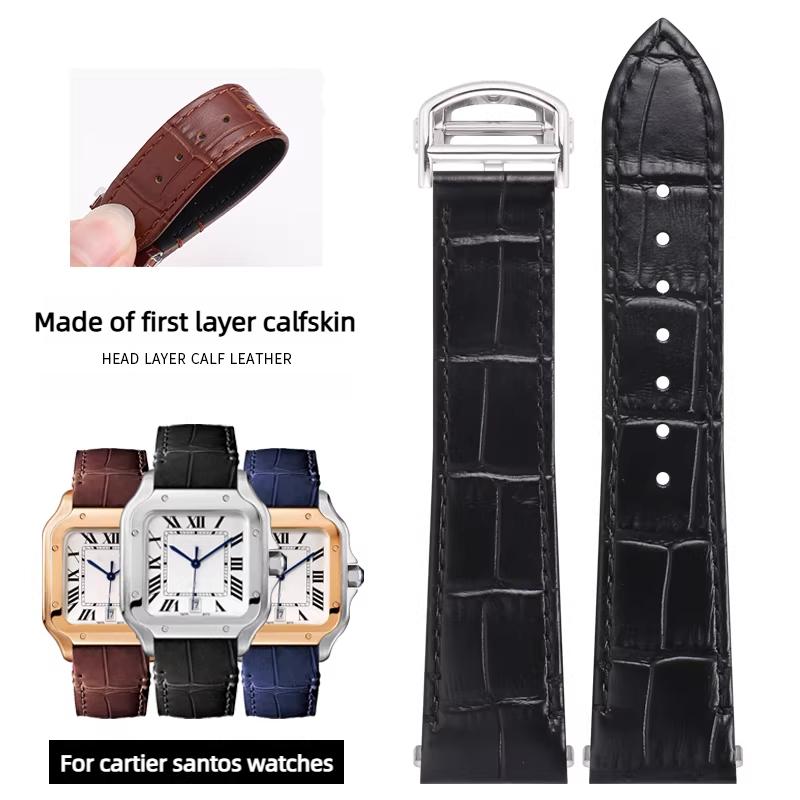 Quick-Release Cow Leather watchband For Cartier Santos  WSSA0009 WSSA0029 Men women replacement watch strap 19mm 21mm Black blue