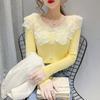Doll Neck Women's Autumn and Winter New Spliced Lace Hollow Out Button Fashion Solid Color Casual Long Sleeved Knitted Top