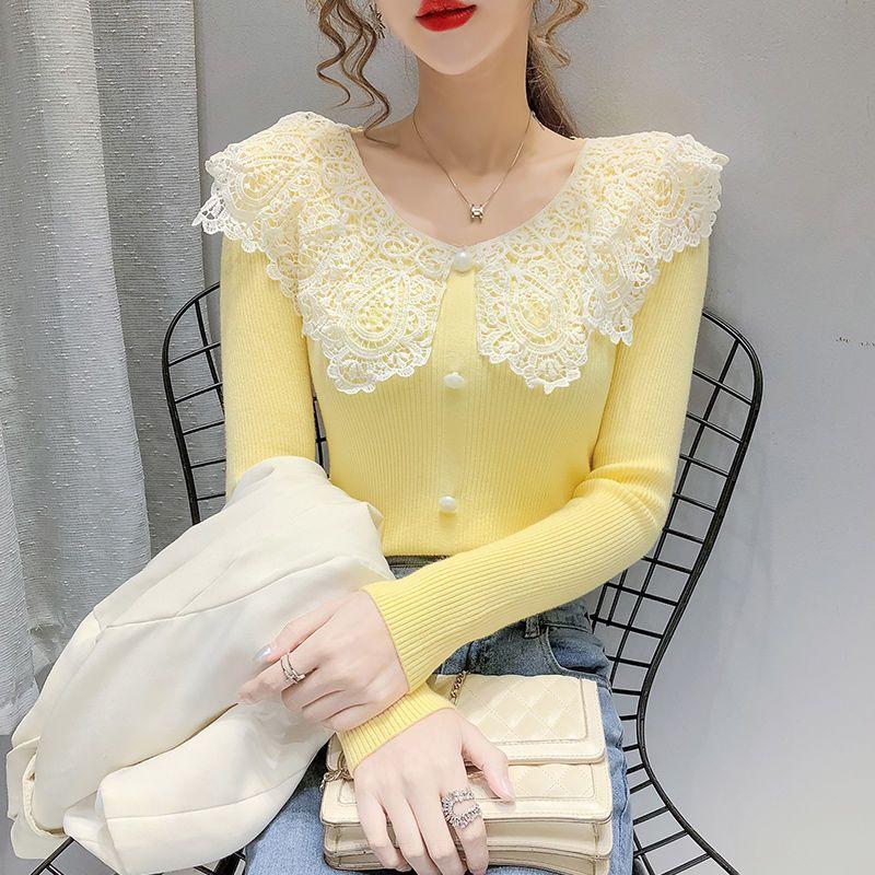 Doll Neck Women's Autumn and Winter New Spliced Lace Hollow Out Button Fashion Solid Color Casual Long Sleeved Knitted Top