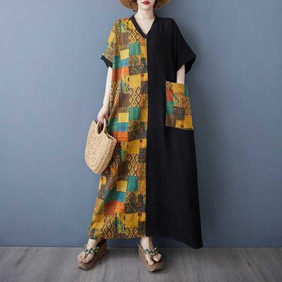 Women's Yellow Flower Spliced Black Long Dress Retro Robe