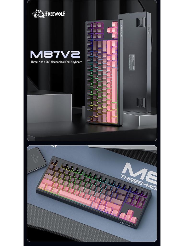 Free Wolf M87V2 Wireless RGB Mechanical-Feel Keyboard with PBT Side-Printed Keycaps and Bluetooth.