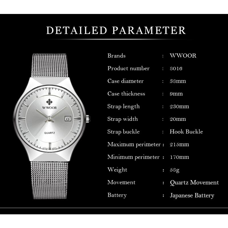 Ceasuri WWOOR Ceasuri Bărbați Bandă din plasă Calendar de cuarț Ceasuri simple pentru bărbați, rezistente la apă