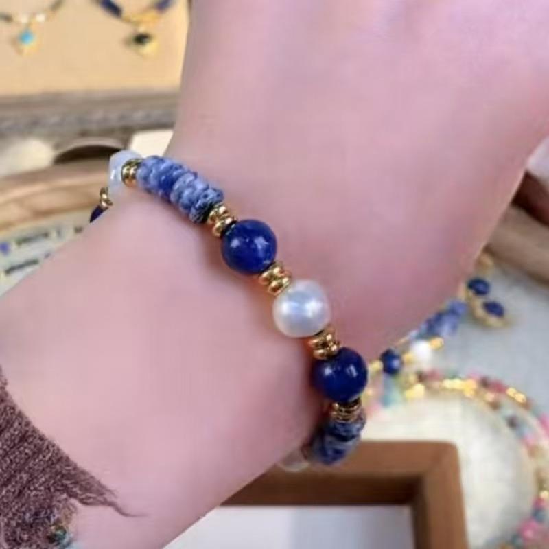 Süßwasserperlmutt Lapis Lazuli Anhänger Halskette, Titanstahl Design, Halskette, Armband