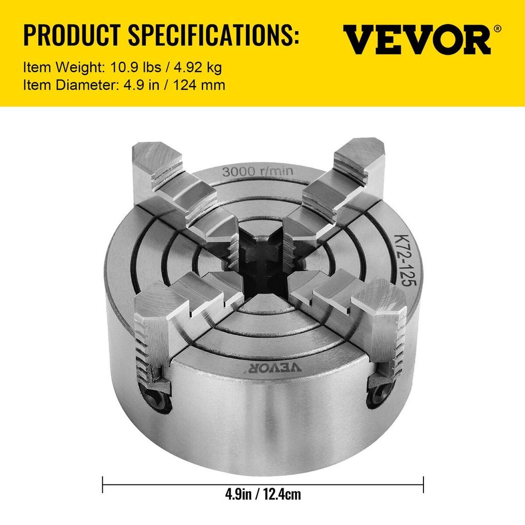 K72-125 5 Inch Lathe Chuck Independent Reversible Jaw 125MM Metal Turning Machine Accessories for Mini Metal Lathe Machine 4 Jaw Lathe Chuck