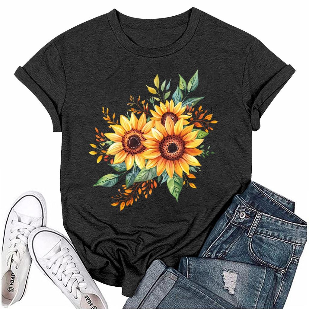 Women Fashion Printed Round Neck Short Sleeve T-Shirt Pullover Top