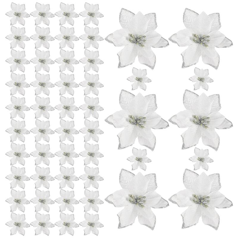 Good-50 Pack Glitter Poinsettia Christmas Tree Ornaments Artificial Silk Flowers Picks Decor Wreath Garland Holiday