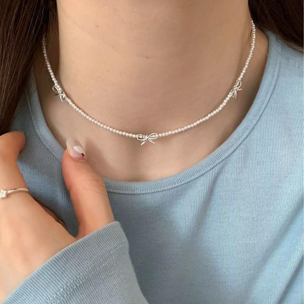 Fashion Sweet Bow Pearl Necklace for Women Girls Sparkling Delicate Ribbon Bowknot Beaded Chain Chokers Party Jewelry Gift