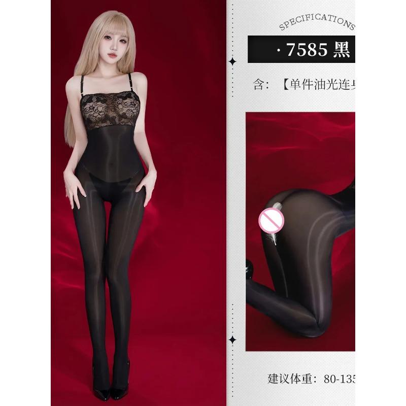 Feimu Lace Jumpsuit Tube Top See-through Open Crotch Glossy Bodystocking Temptation Sexy Women Rompers Clothing Body Suits YOZ8