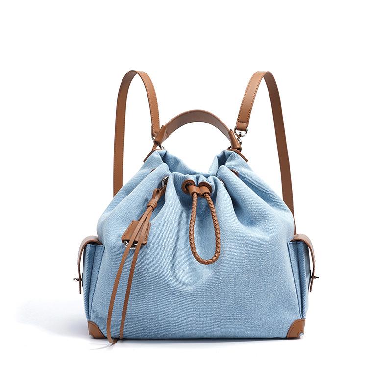 

Нишевый дизайн Ретро джинсовая сумка на шнурке на одно плечо Большая вместимость Модный рюкзак коричневый/светло-синий