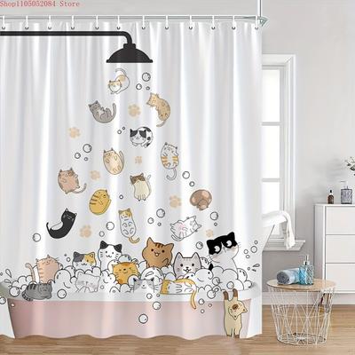1 Cartoon Cat Shower Curtain Fun Animal Bathtub   -   With Hooks Waterproof Mildew Proof Easy Install Washable