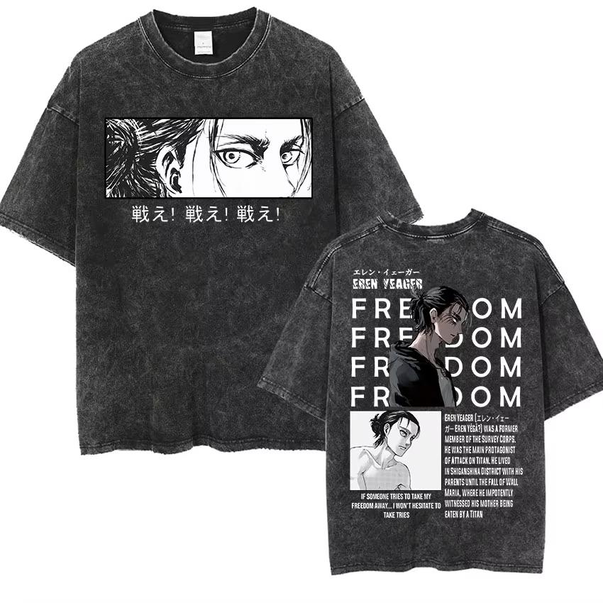 Anime Attack Titan Retro Wash Printed Women's T-shirt Mikasa Ackerman Eren Jaeger Free Wings Pattern Men's Summer T-shirt