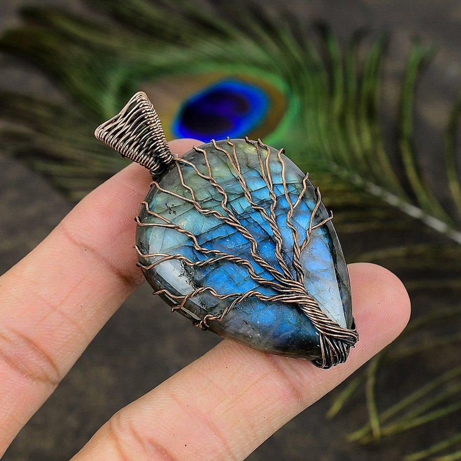 Natural Labradorite Gemstone Handmade Copper Wire Wrap Pendant 2.60" G0T96