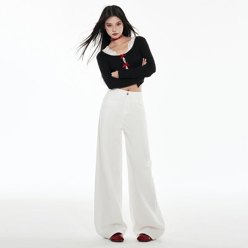 Women White High Waist Wide Leg Jeans Straight Loose Casual Denim Pants Two Length Design Spring Daily Commute Trousers 2026 New Style