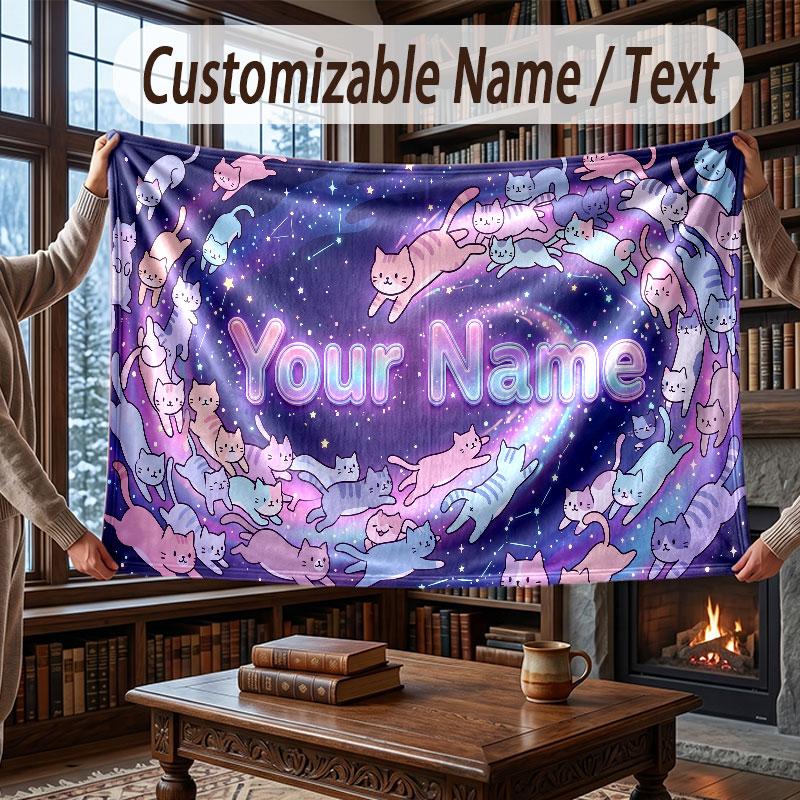 Cat Theme Throw Blanket Custom Name Text Personalized Blanket Soft Cozy Blanket for Home Sofa Bed