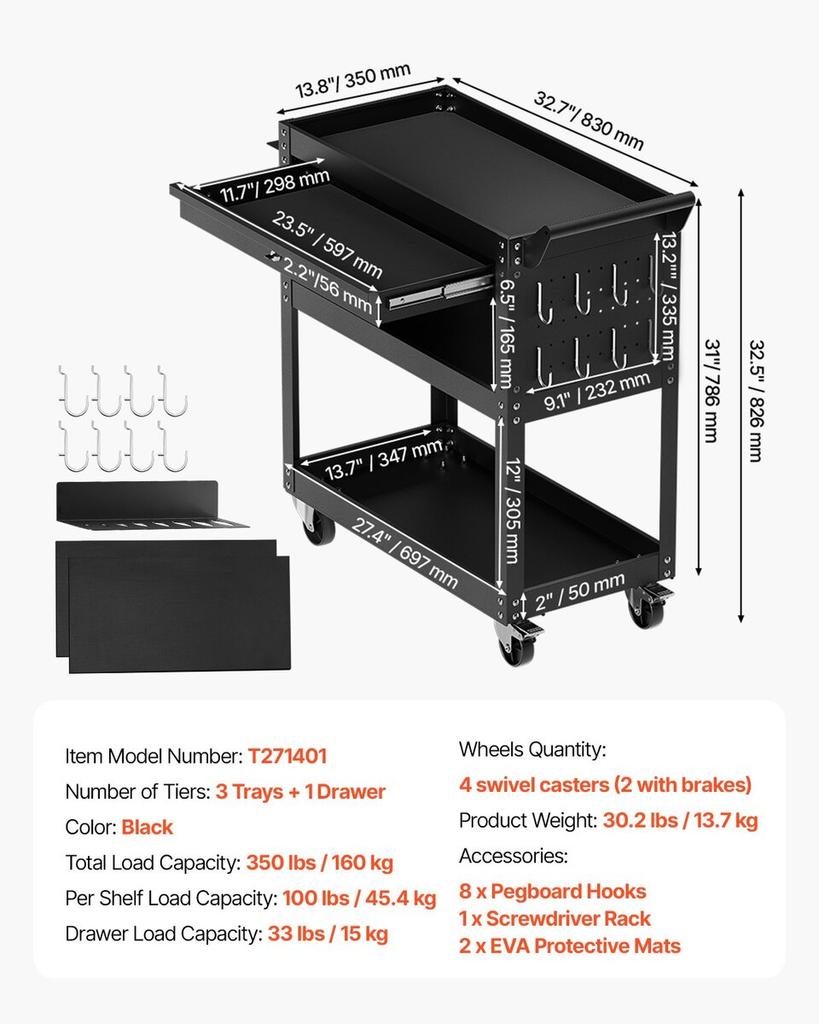 4-Tier Tool Cart On Wheels 350 Lb Rolling Work Cart with Drawer & Pegboard