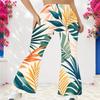 Pantalon évasé long taille haute pour femme grande taille avec imprimé feuilles tropicales