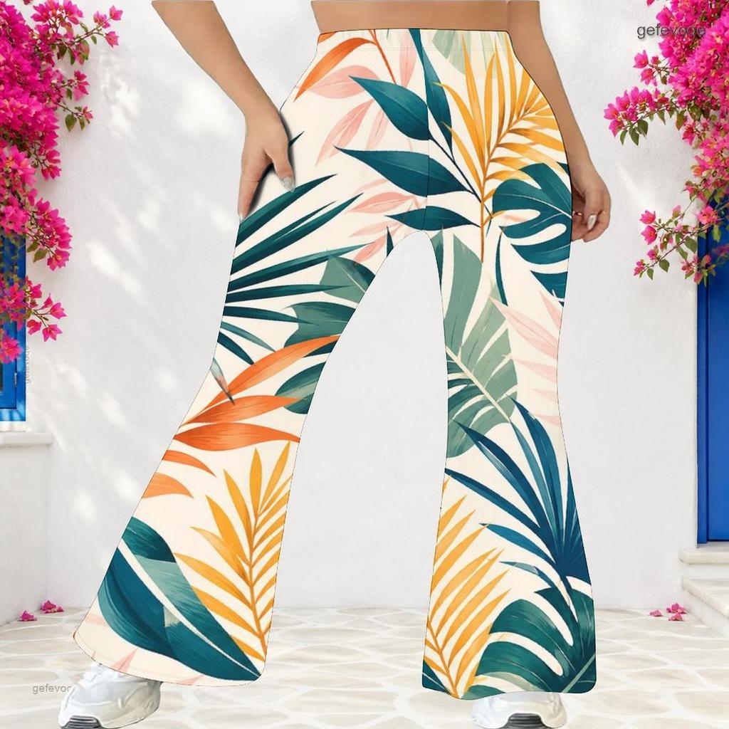 Pantalon évasé long taille haute pour femme grande taille avec imprimé feuilles tropicales
