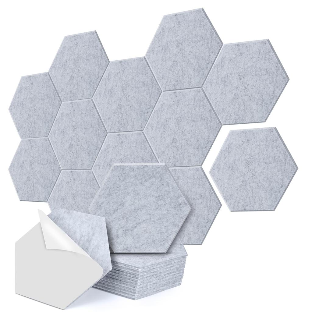 AGPTEK Lydabsorberende sekskantpaneler, 30x26x0,9cm, Pakke med 12, Fullt selvklebende, Lydisoleringspaneler med høy tetthet, Stive lydabsorberende plater,