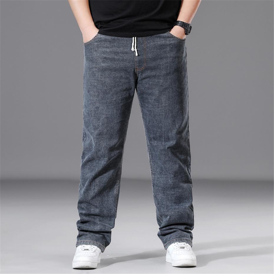 8XL Große Größen Jeans Herren Einfarbige Denim-Hosen Herren Lässige Baggy Jeans Elastischer Bund Gerade Hosen 8XL grau