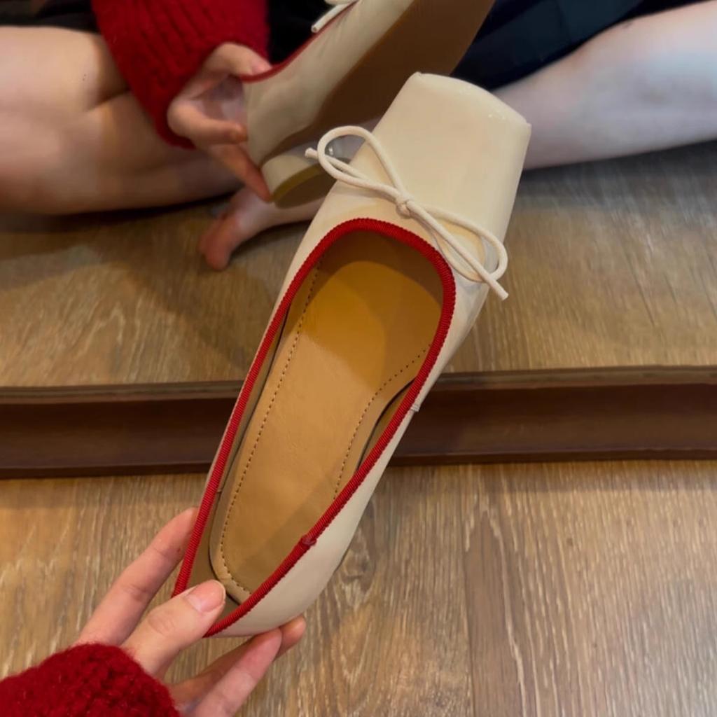 Schafsleder-Version~ Schleife quadratische Zehe personalisierte Leder Einzel Schuhe Damen niedriger Absatz ein Pedal leichter Mund mit Rock Mary Jane Schuhe