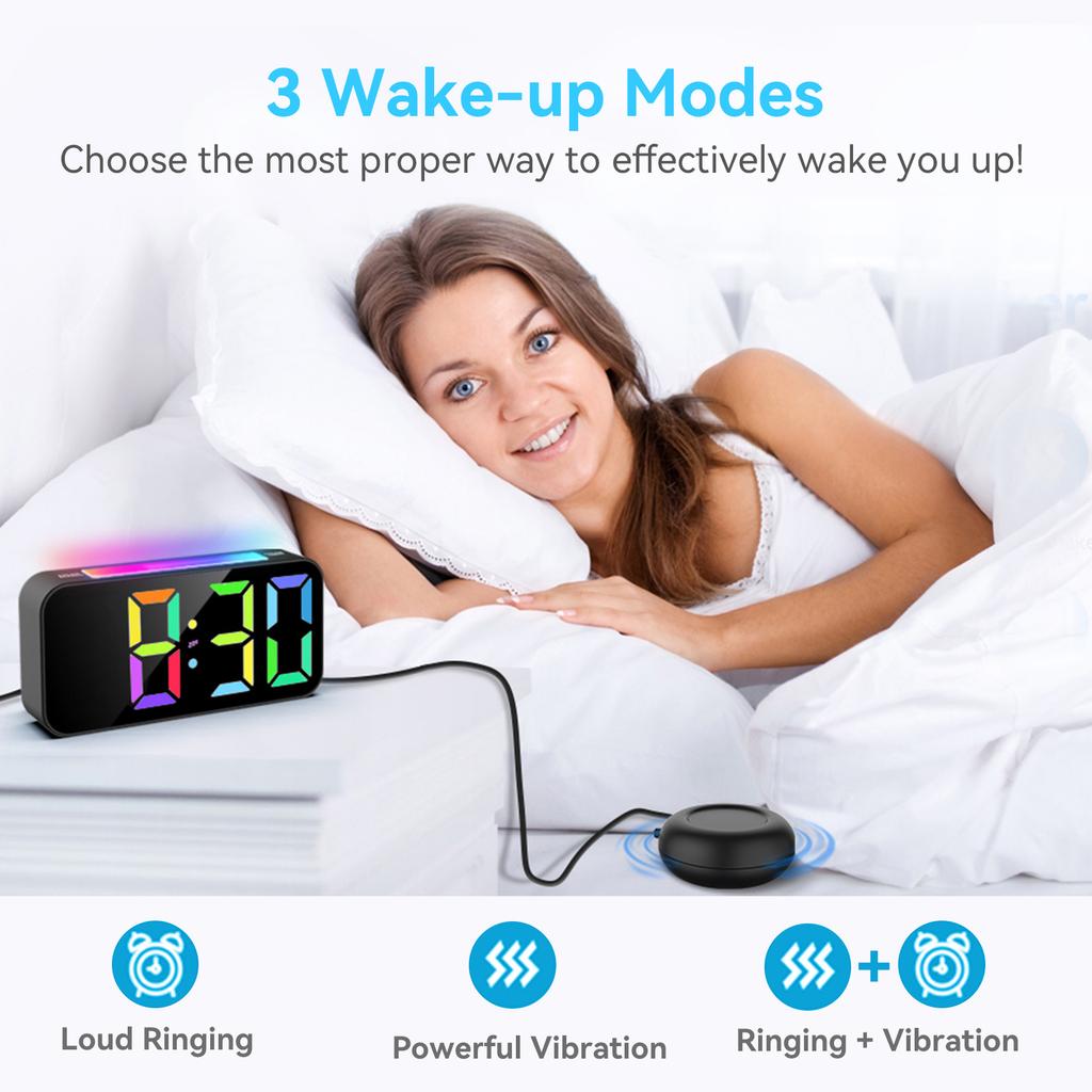 RGB Night Light LED Alarm Clock with Mood Light 2 Alarms with Vibrator Digital Night Light Clock Bell USB Power
