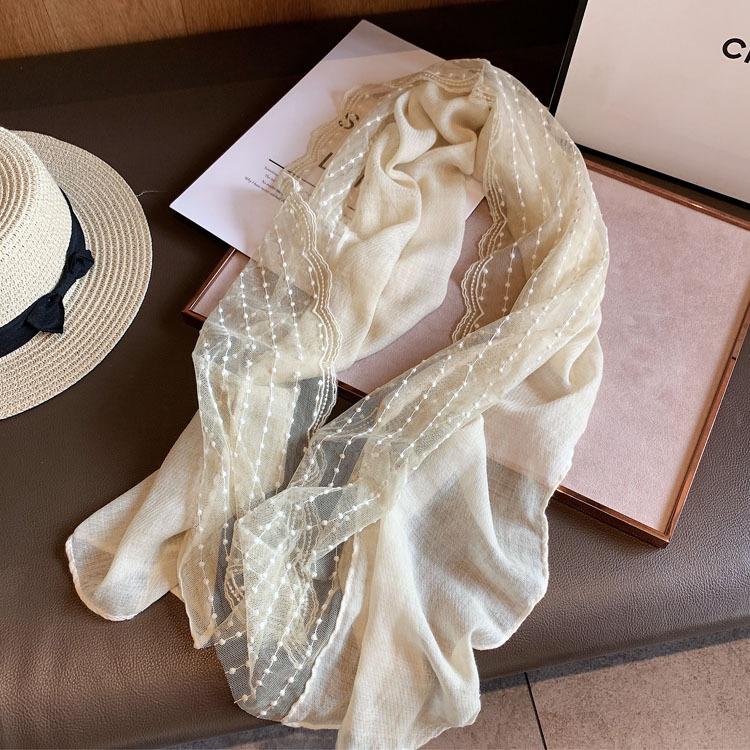 Lace Cotton and Linen Scarf for Women 140x40cm Summer Neck Protection Shawl Travel Scarf