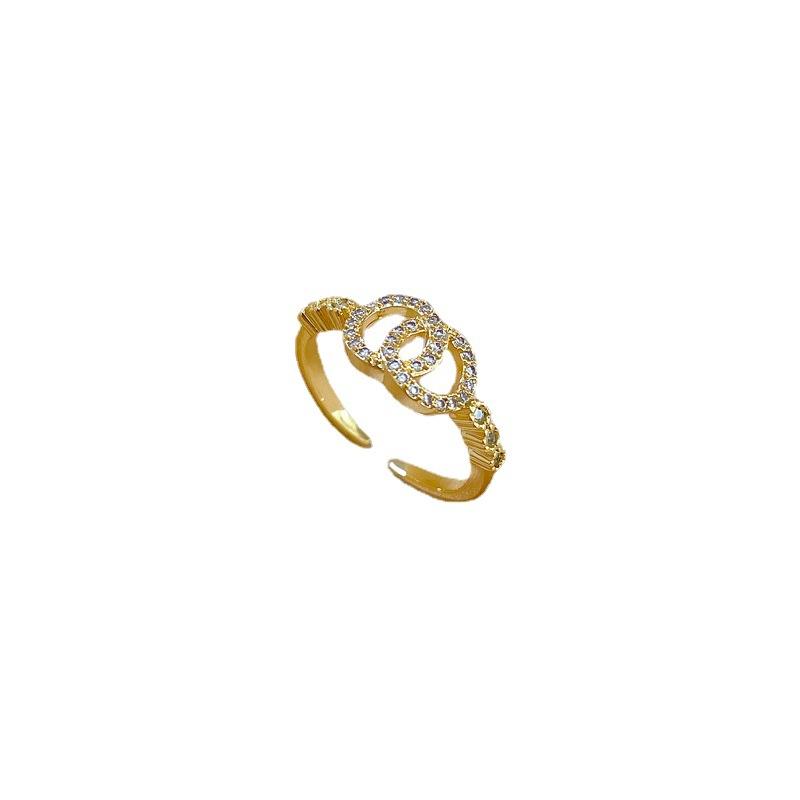 Real Gold Electroplated Open Double Ring Small Fragrance Fashion Slightly Inlaid Light Luxury Ring Index Finger Ring Same Cold Wind