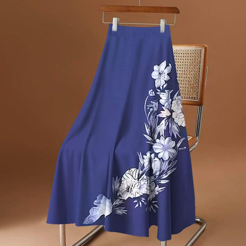 Women's Half Length Skirt Mid Length Skirt Stylish New Printed Large Swing Skirt Knee High Waist Skirt