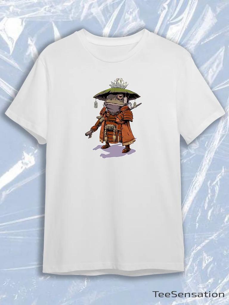 TeeSensation White Crew Neck Short Sleeve T-Shirt with Samurai Frog Anime Character