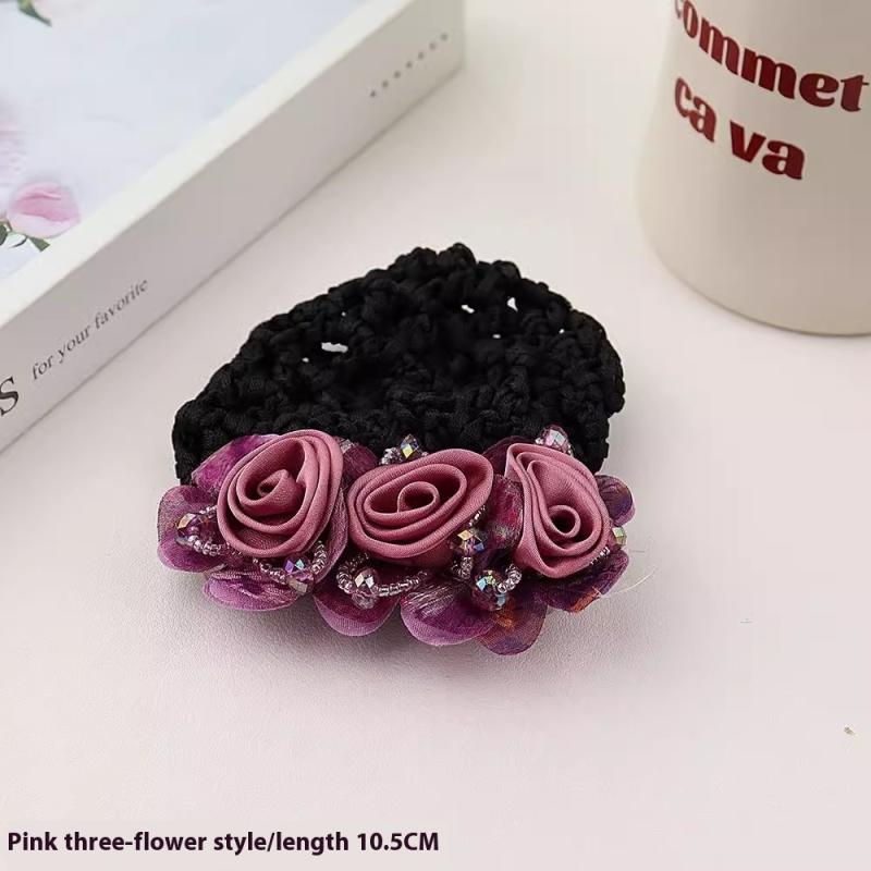 Women Hair Bun Cover Net Snood Hairnet Bow Barrette French Hair Clip Bow Ribbon Flower Hair Accessories For Banks Hotels Staff