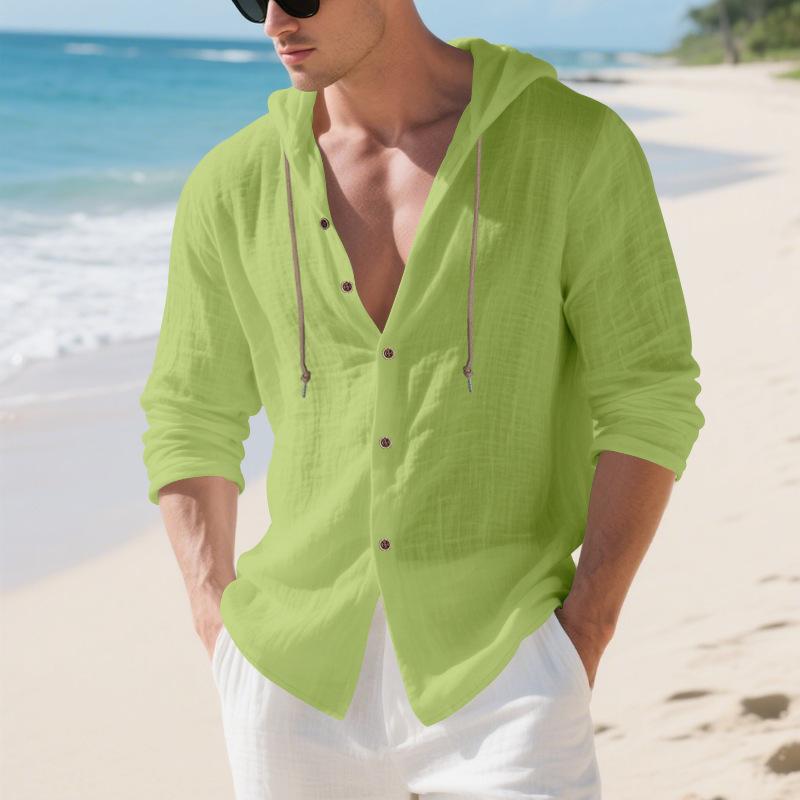 Oversized Shirt - Spring/Autumn Loose-Fit Solid-Colour Linen Men's Casual Long-Sleeved Hooded Cardigan