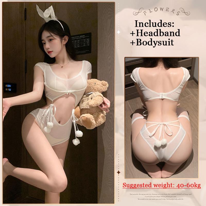 Cute Sexy Bunny Costume Mesh Perspective Lingerie Bunny Girl Cosplay Uniform Maid Outfit One Piece Jumpsuit Temptation Pajamas