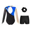 Girls Dance Long Sleeve Round Neck Leotard Patchwork Cutout Back with Shorts Hair Tie Headwear Set