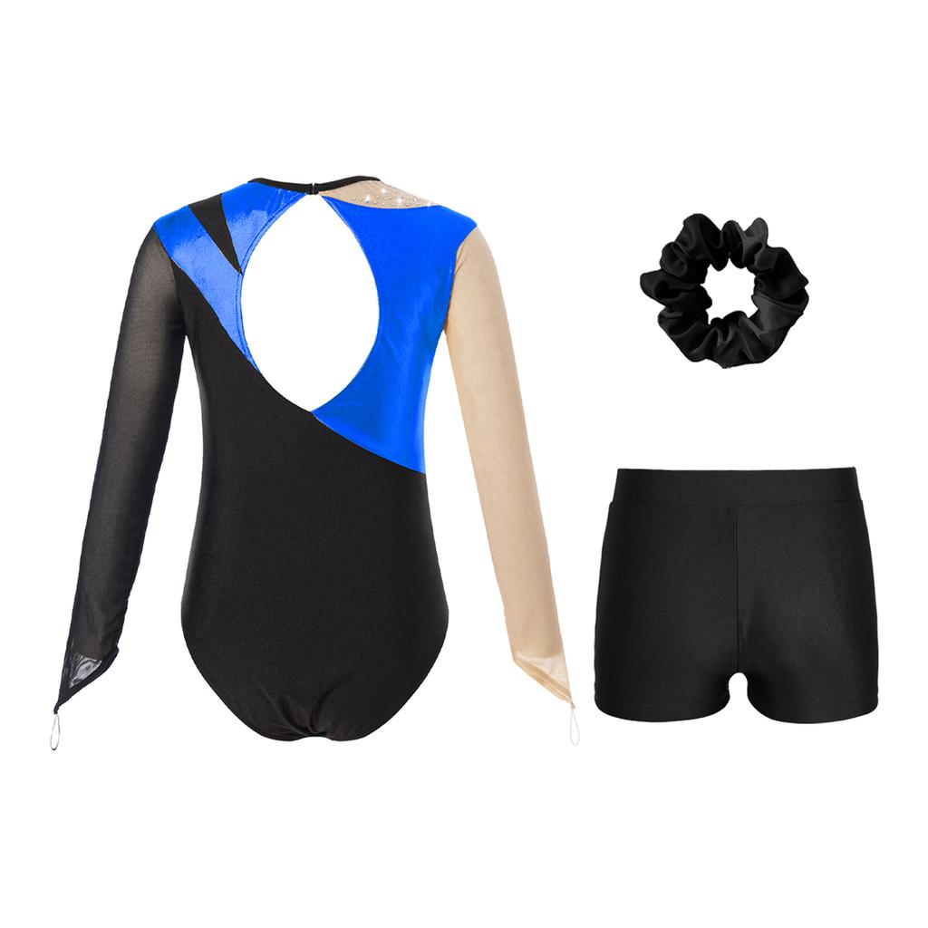 Girls Dance Long Sleeve Round Neck Leotard Patchwork Cutout Back with Shorts Hair Tie Headwear Set